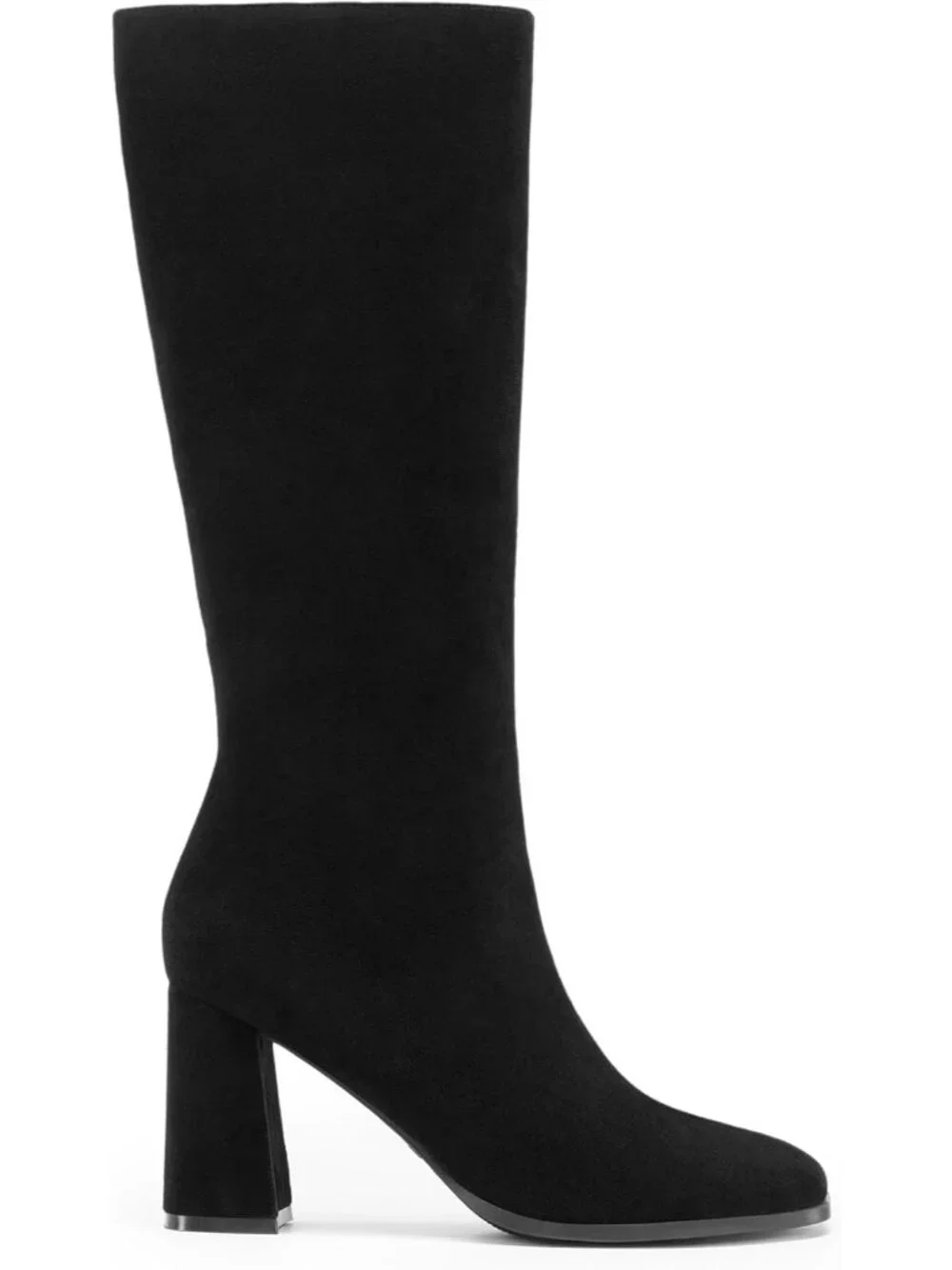 Women's All Black Chunky Block Heeled Square Toe Side Zipper Knee High Boots